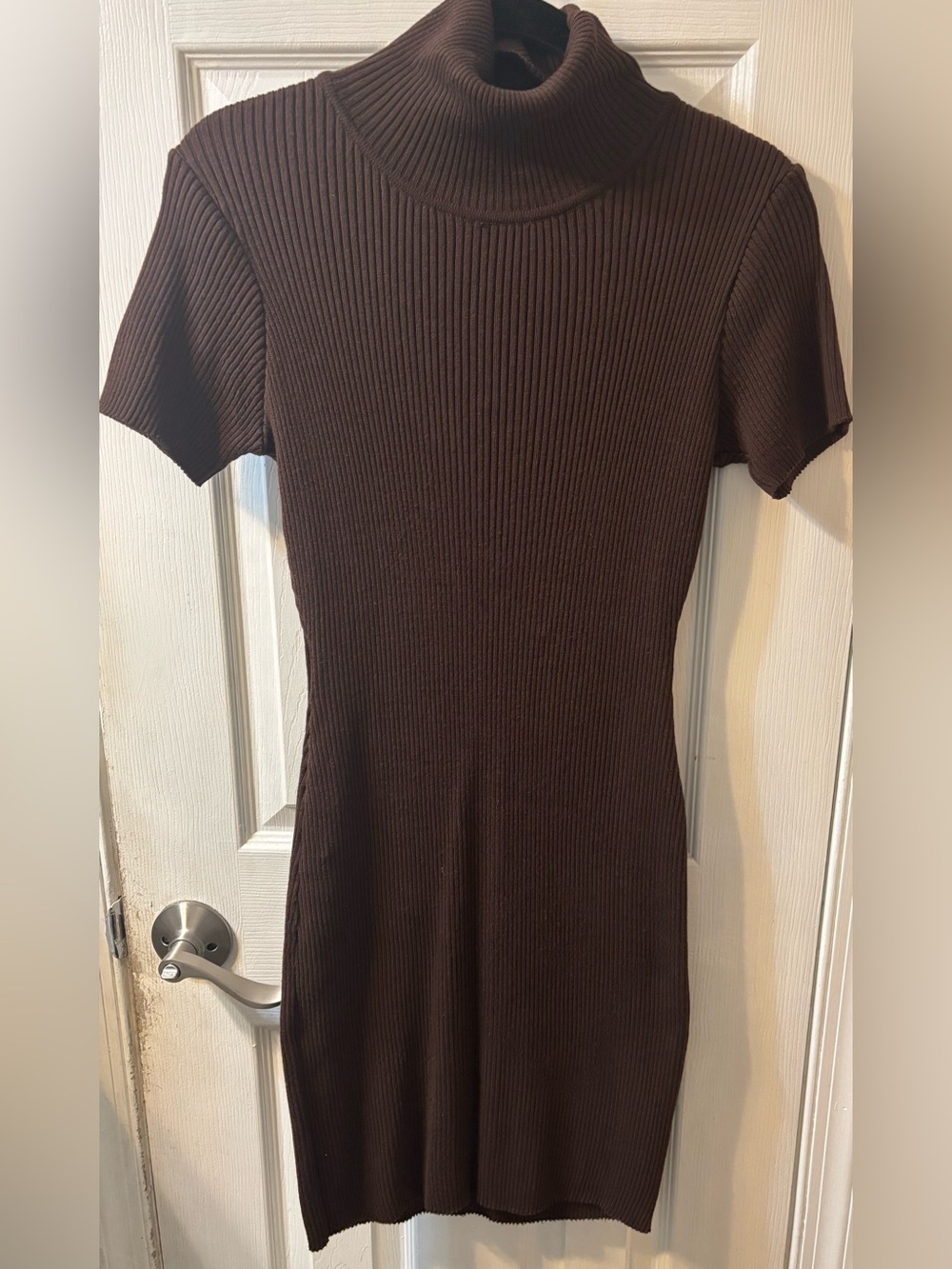 Moda International Brown Rib Knit Turtleneck Midi Dress